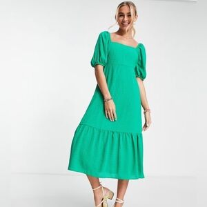 New Look Square Neck Lime Green Texture Midi Dress-Cottagecore Boho Earthy Fairy